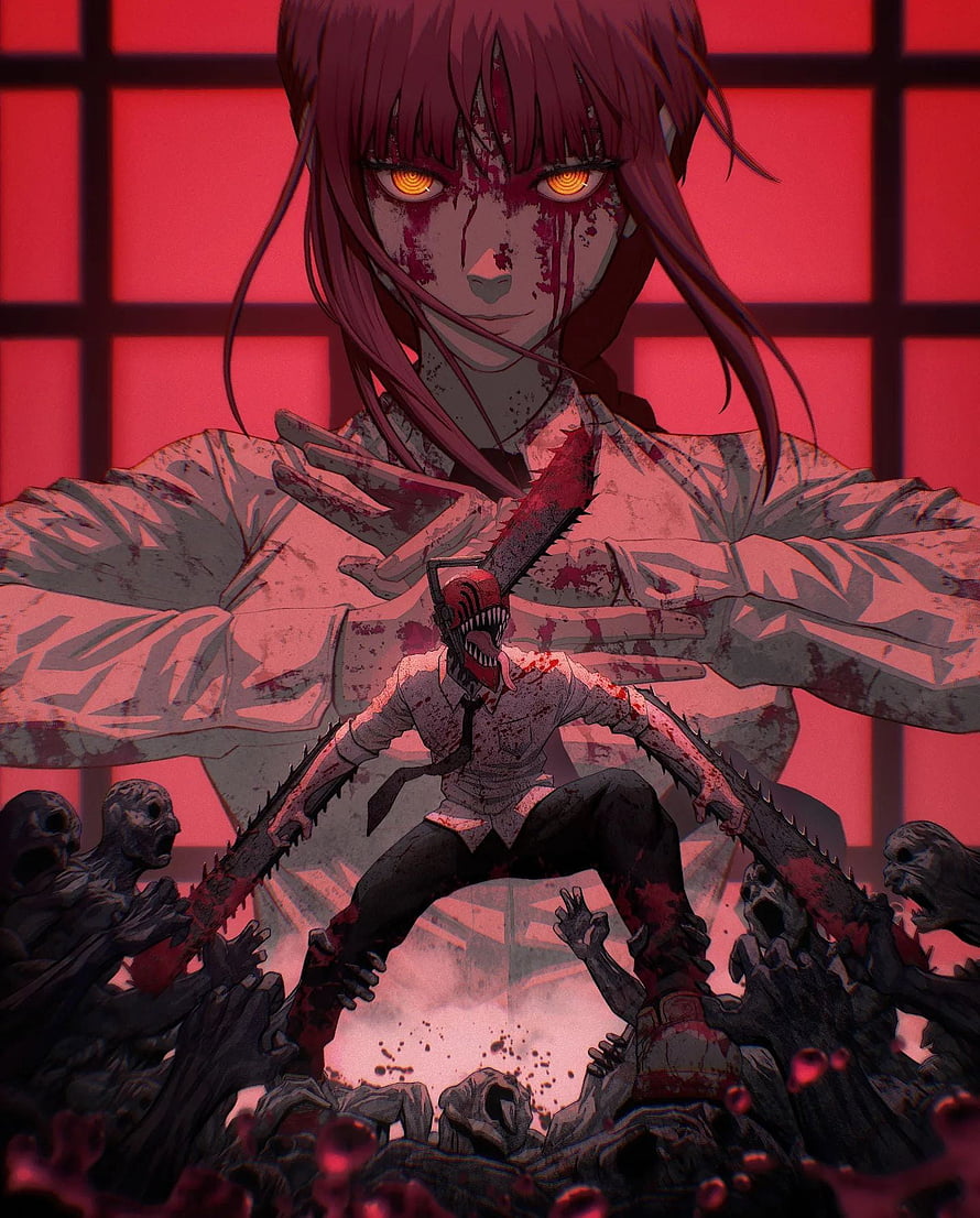 Chainsaw Man Anime Artwork Featuring Blood-Soaked Female Character and Denji in Dark Red Setting HD phone wallpaper
