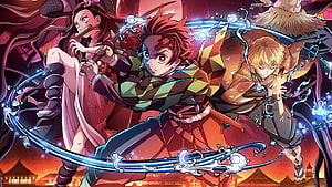 Demon Slayer Entertainment District Arc Anime Key Visual with Tanjiro, Nezuko, and Zenitsu HD wallpaper