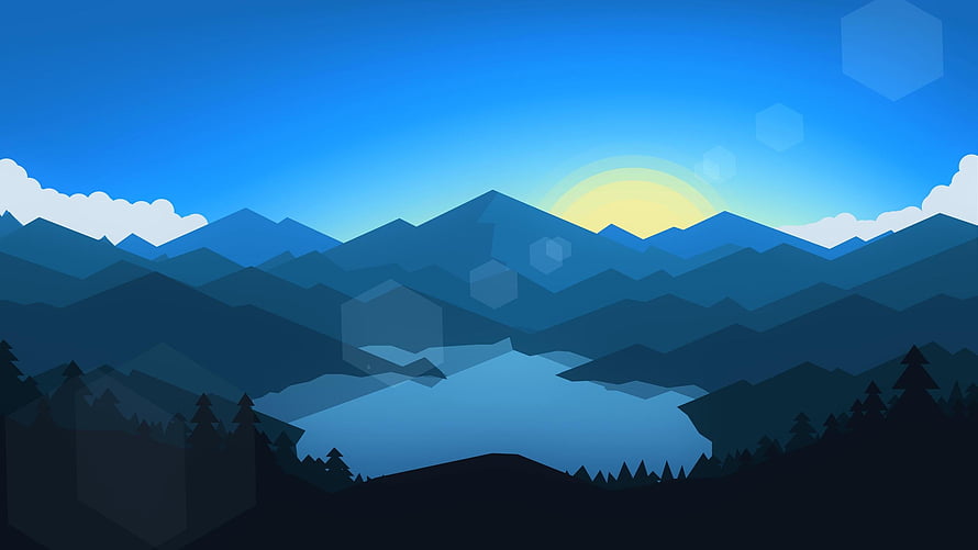 Geometric Mountain Landscape with Lake and Pine Trees at Sunrise HD wallpaper
