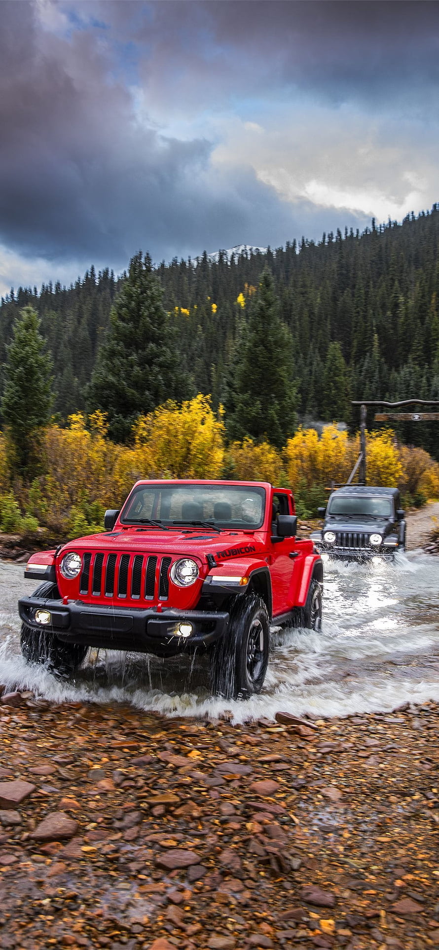 Red Jeep Wrangler Rubicon Forging Through Mountain Stream in Autumn Forest HD phone wallpaper