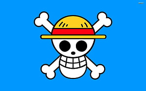 One Piece Jolly Roger Skull and Crossbones Flag on Blue Background HD wallpaper