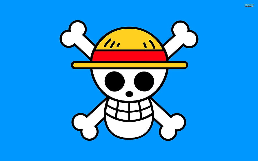 One Piece Jolly Roger Skull and Crossbones Flag on Blue Background HD wallpaper