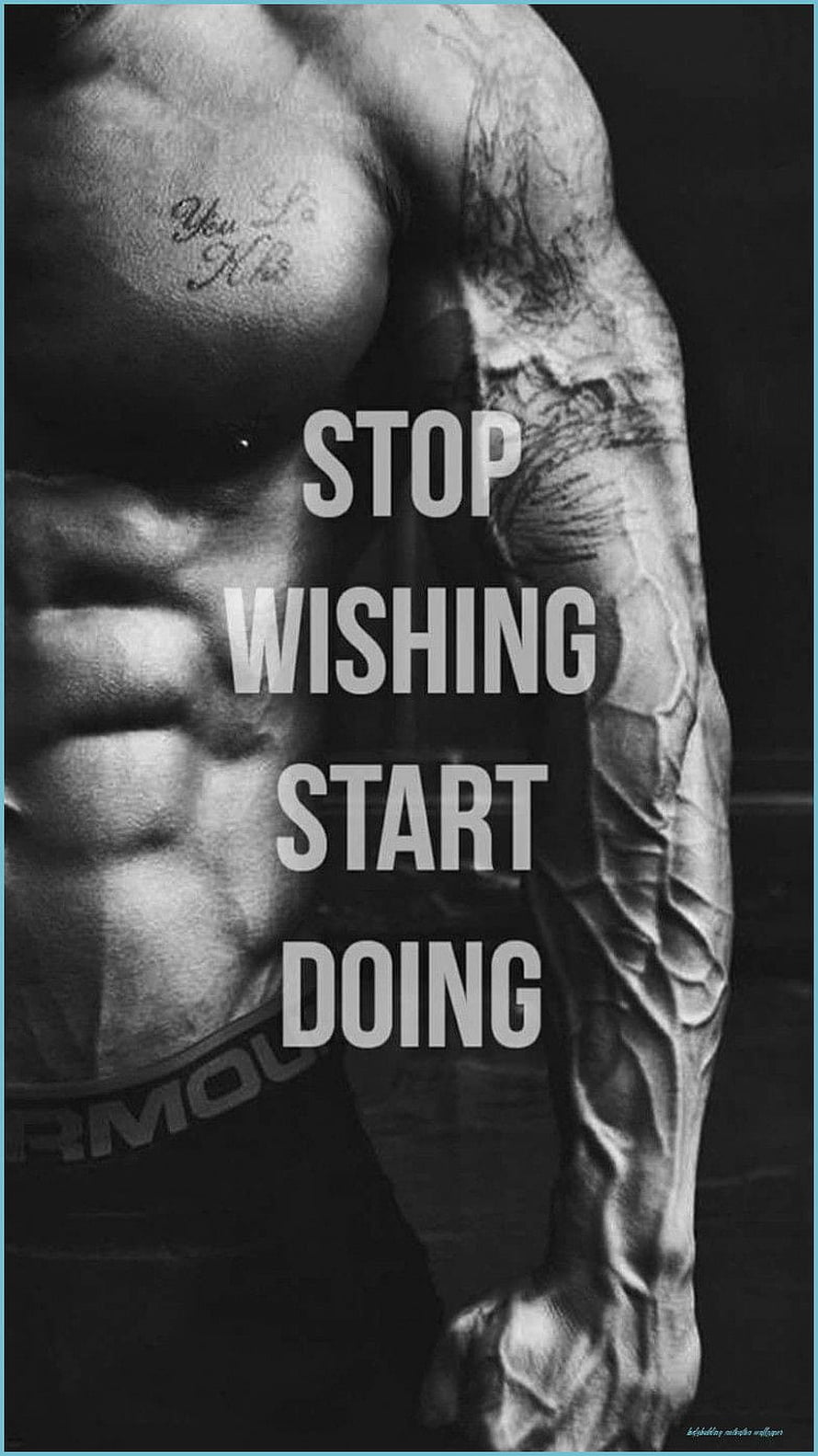 Black and White Bodybuilder Torso with Motivational Quote Overlay HD phone wallpaper