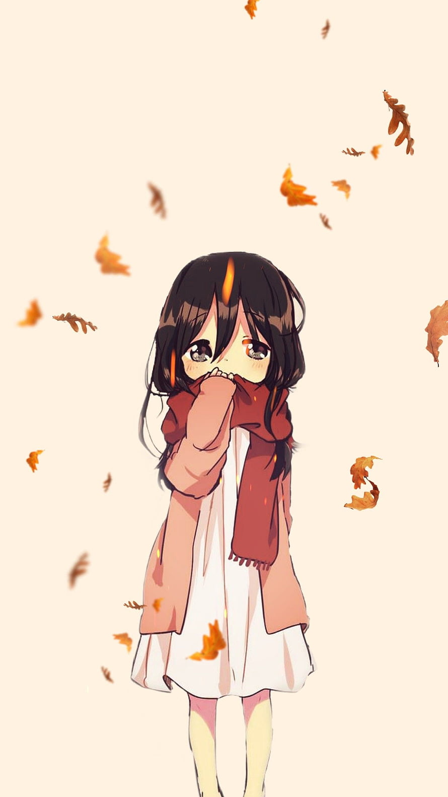 Mikasa Ackerman in Autumn Leaves with Red Scarf and White Dress HD phone wallpaper