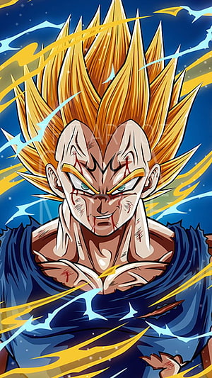 Majin Vegeta Super Saiyan Anime Portrait with Golden Aura and Battle Wounds HD phone wallpaper