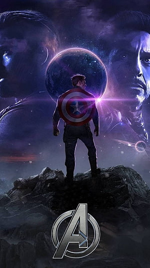Captain America Standing on Rocky Outcrop Facing Cosmic Sphere with Avengers Logo HD phone wallpaper