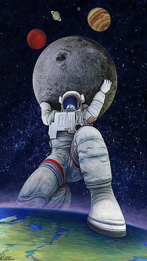 Astronaut Carrying the Moon Above Earth in a Starry Cosmos with Planets HD phone wallpaper