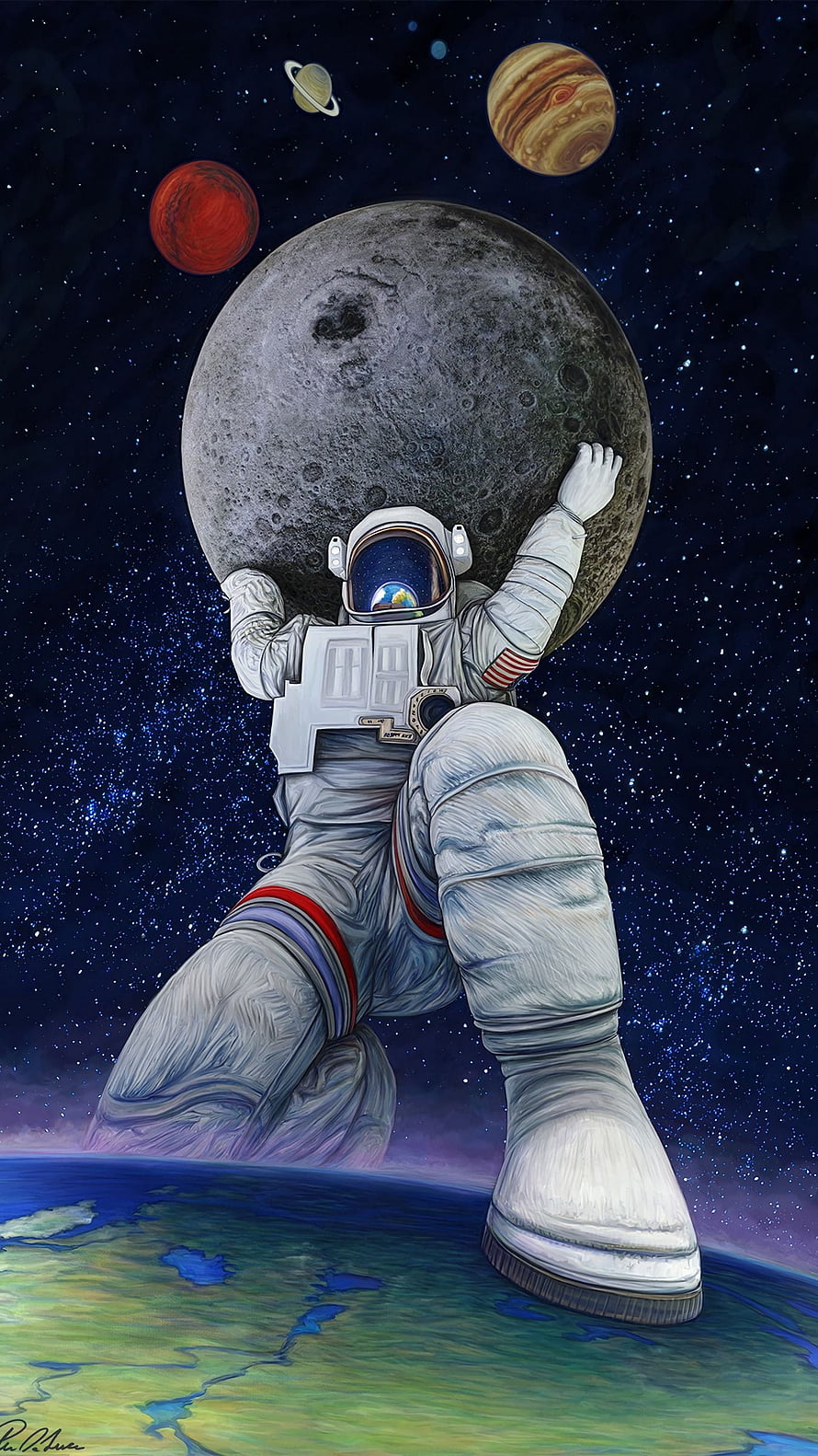 Astronaut Carrying the Moon Above Earth in a Starry Cosmos with Planets HD phone wallpaper