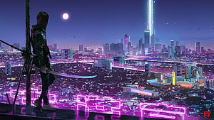 Cyberpunk Cityscape with Samurai Warrior and Neon Skyline HD wallpaper