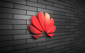 Huawei 3D Red Petal Logo on Dark Gray Brick Wall HD wallpaper