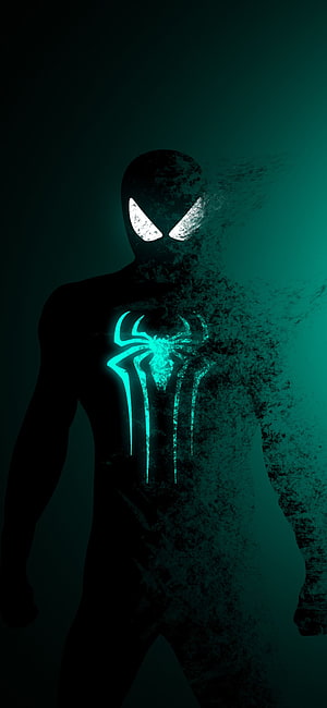 Spider-Man Minimalist Silhouette with Glowing Cyan Spider Emblem and Dissolving Texture HD phone wallpaper