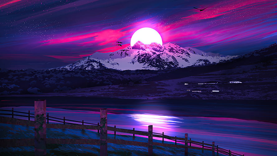 Neon Pink Mountain Lake Sunset with Snowy Peaks and Wooden Fence HD wallpaper