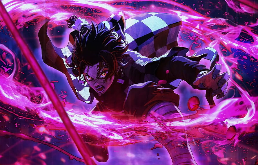 Demon Slayer Anime Character Wielding Sword in Vibrant Purple Energy Burst HD wallpaper