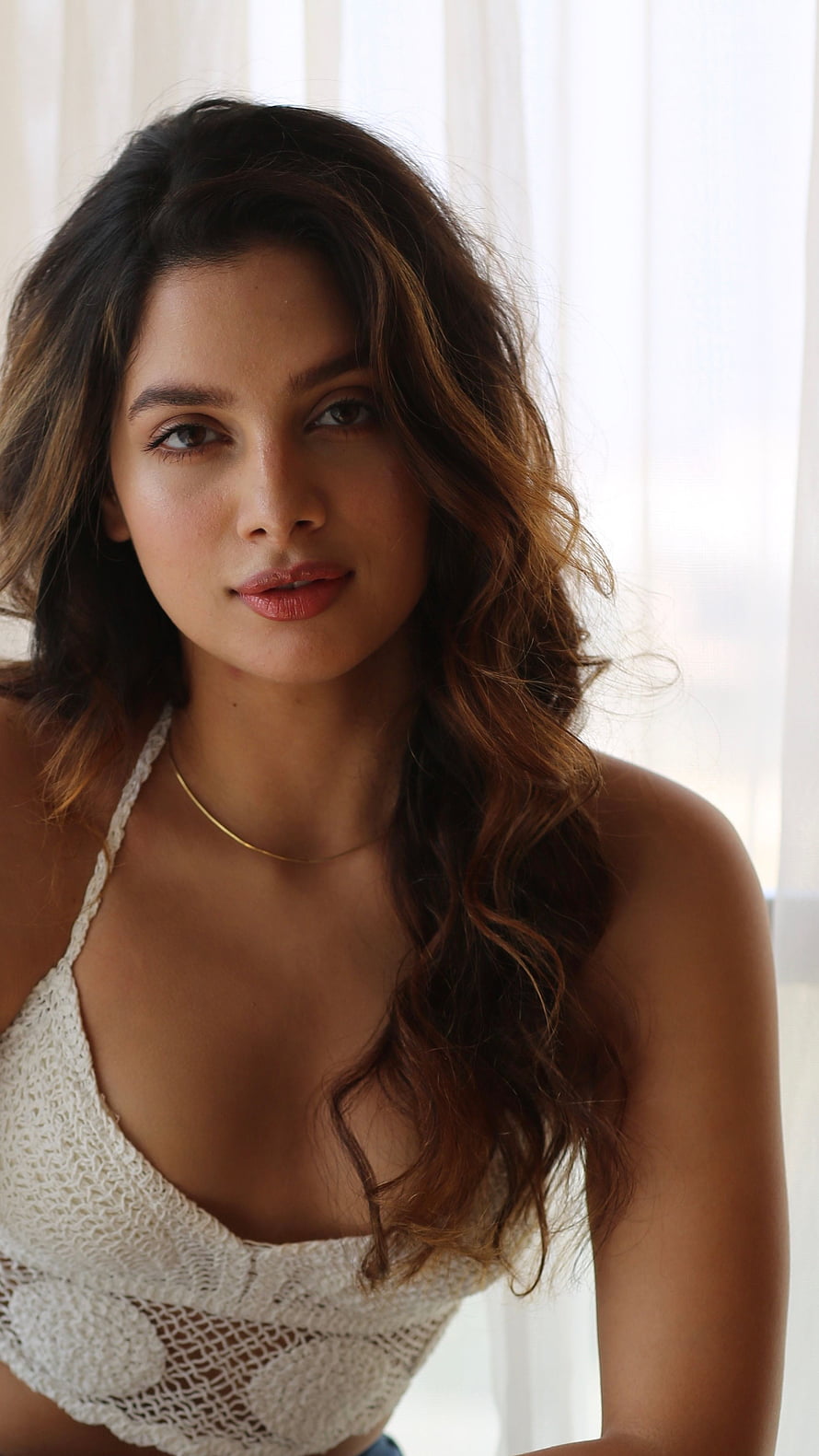 Tanya Hope Bollywood Actress in White Crochet Top with Soft Natural Window Light HD phone wallpaper