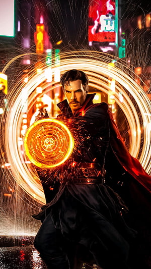 Doctor Strange Casting a Glowing Eldritch Sigil in a Neon-Lit Urban Night HD phone wallpaper