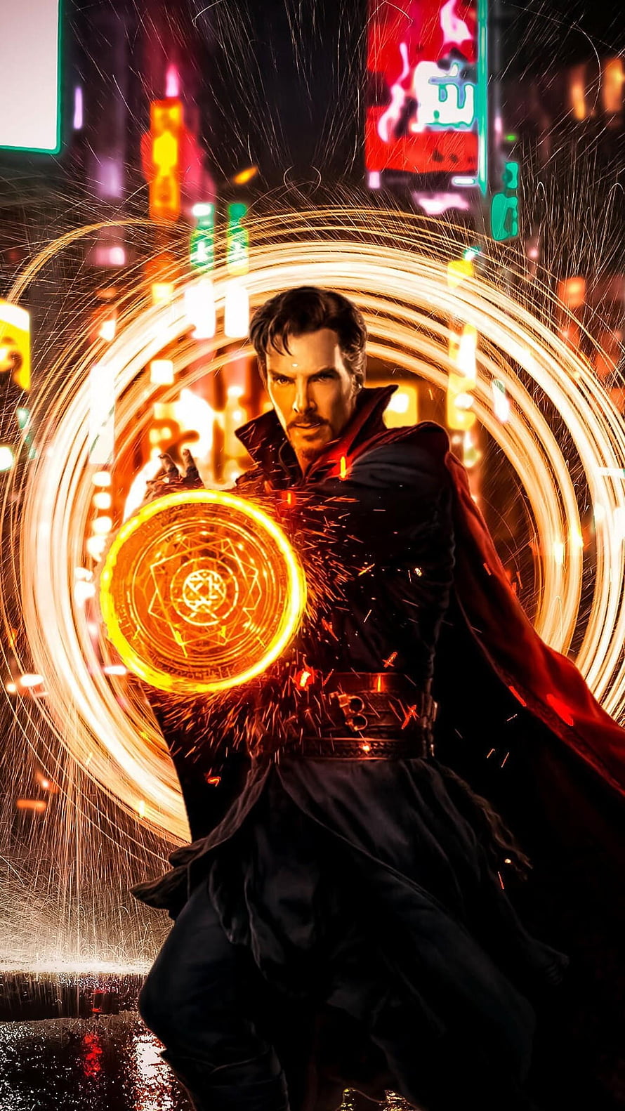 Doctor Strange Casting a Glowing Eldritch Sigil in a Neon-Lit Urban Night HD phone wallpaper