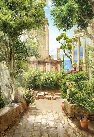 Ancient Greek Garden Courtyard with Classical Columns and Mediterranean Sea View HD phone wallpaper