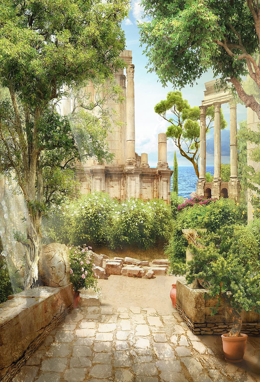 Ancient Greek Garden Courtyard with Classical Columns and Mediterranean Sea View HD phone wallpaper
