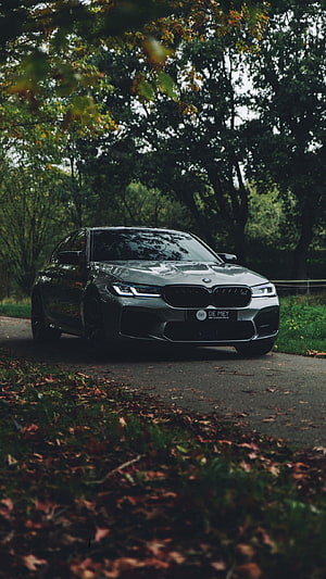 BMW M5 F90 Sedan Parked on a Forest Road with Autumn Foliage HD phone wallpaper