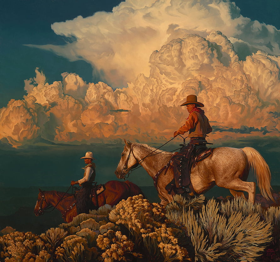 Mark Maggiori Western Art: Two Cowboys on Horseback Under Dramatic Sunset Clouds HD wallpaper