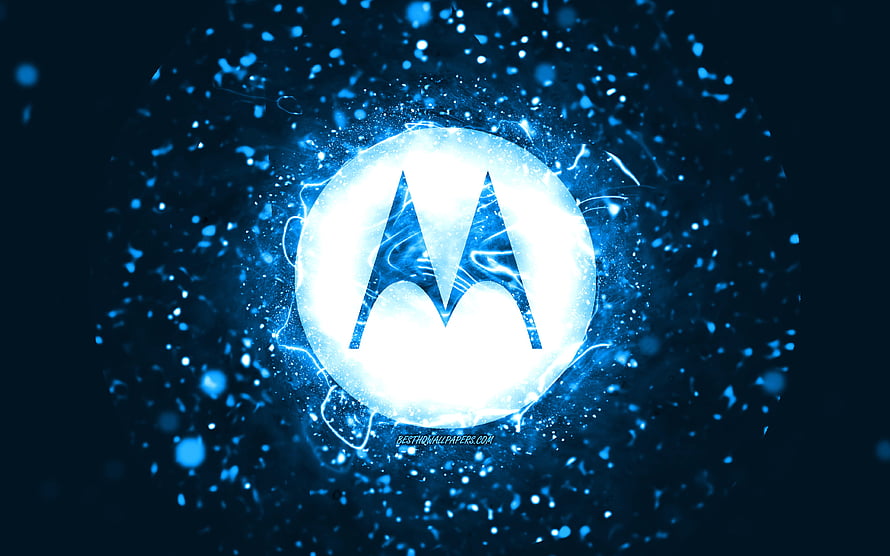 Glowing Motorola Logo Set Against a Dynamic Blue Particle and Light Burst Background HD wallpaper