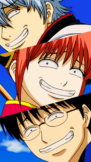 Gintama Anime Trio Gintoki Kagura and Shinpachi Sharing a Manic Grin Against a Blue Sky HD phone wallpaper