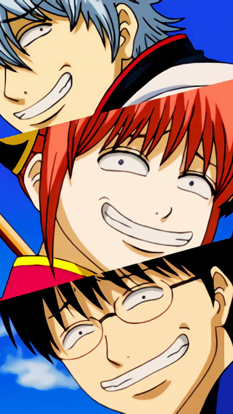 Gintama Anime Trio Gintoki Kagura and Shinpachi Sharing a Manic Grin Against a Blue Sky HD phone wallpaper