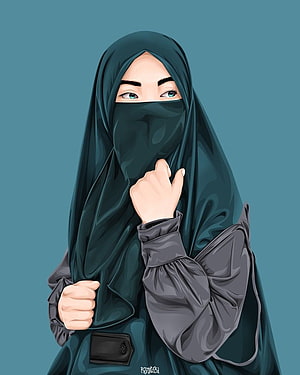 Digital illustration of a woman in a dark teal niqab and hijab with a confident pose, Hijab Niqab vector portrait in 2021. Vector portrait, Girls cartoon art, Hijab cartoon, Cadar HD phone wallpaper