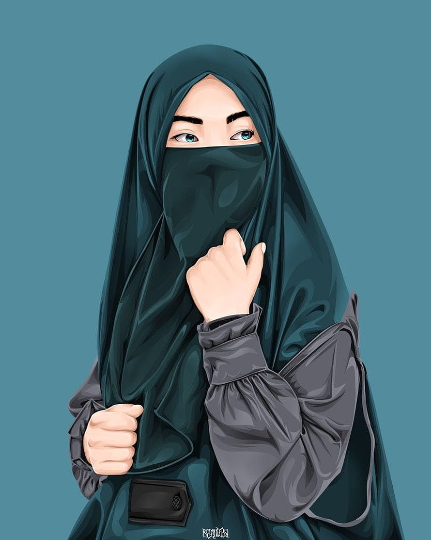 Digital illustration of a woman in a dark teal niqab and hijab with a confident pose HD phone wallpaper