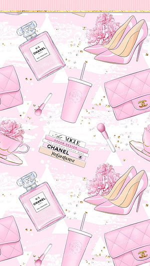 Pink Fashion Aesthetic Pattern with Chanel Perfume, High Heels, and Handbags HD phone wallpaper