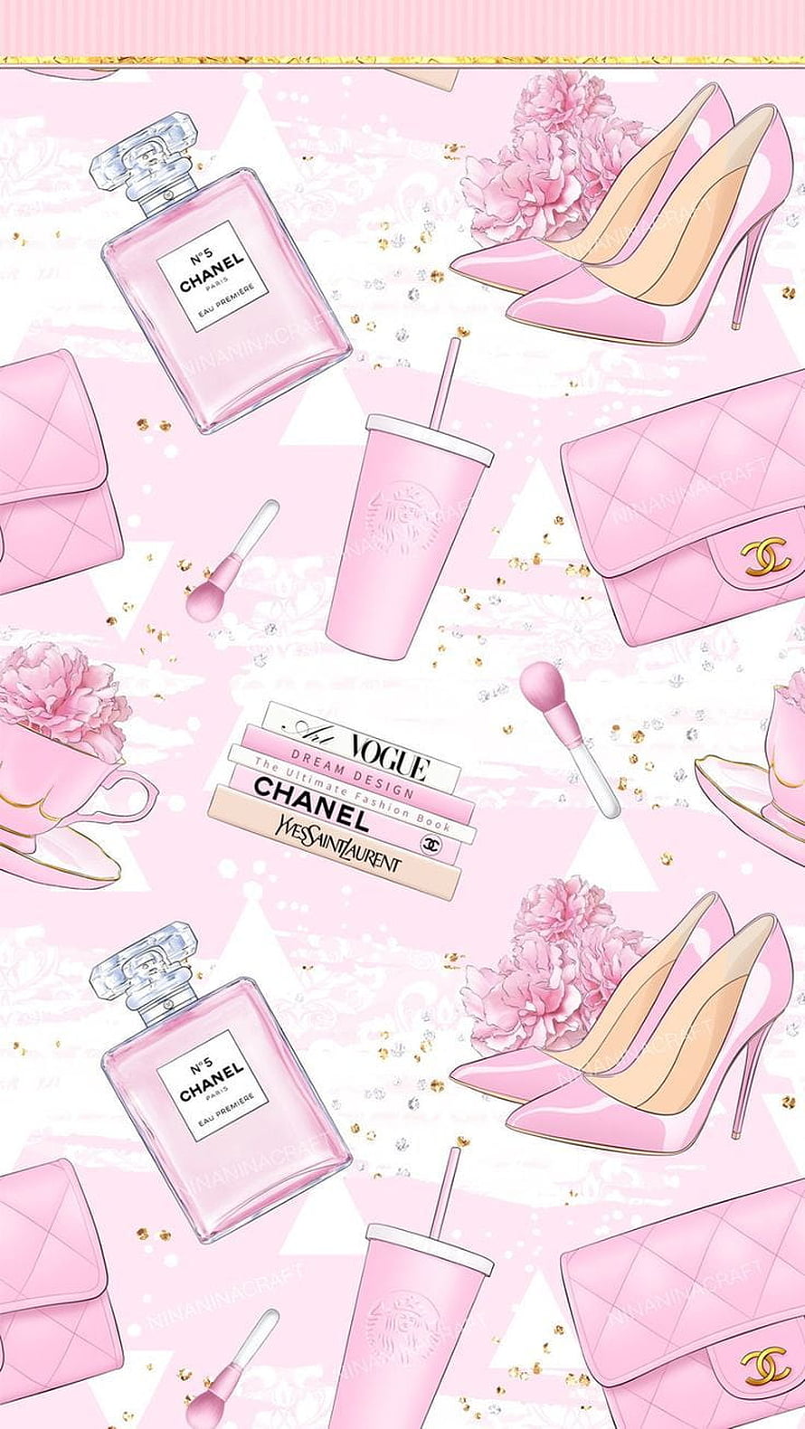 Pink Fashion Aesthetic Pattern with Chanel Perfume, High Heels, and Handbags HD phone wallpaper