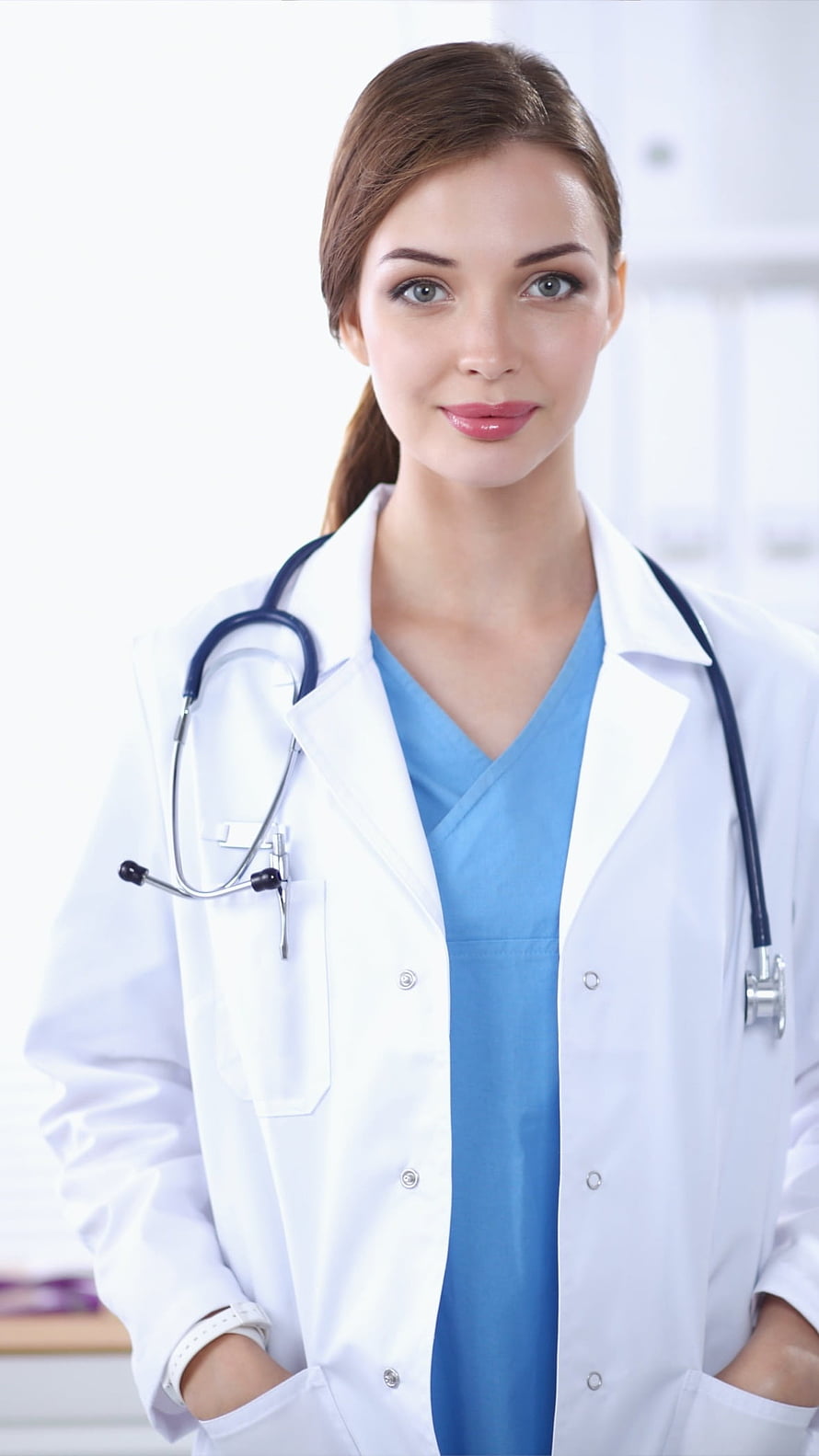 Smiling Female Doctor in White Coat and Blue Scrubs with Stethoscope HD phone wallpaper