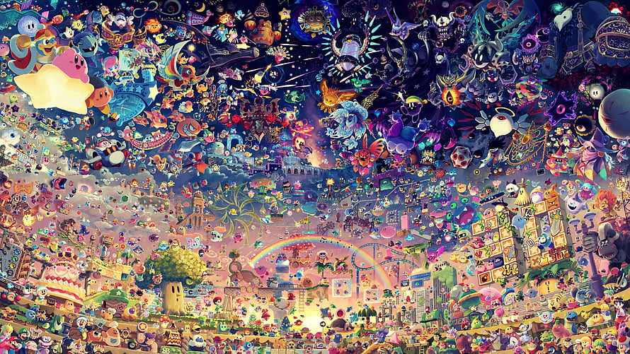 Massive Kirby and Nintendo Character Crossover Illustration HD wallpaper