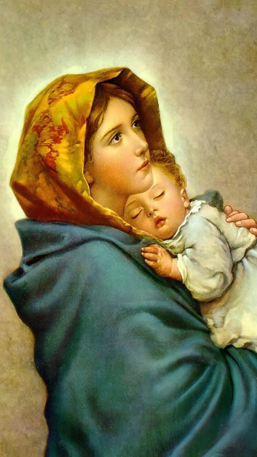 Virgin Mary Holding Sleeping Infant in Classical Religious Painting HD phone wallpaper