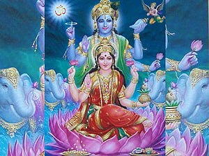 Lord Vishnu and Goddess Lakshmi Seated on Lotus with Ganesha and Om Symbol HD wallpaper