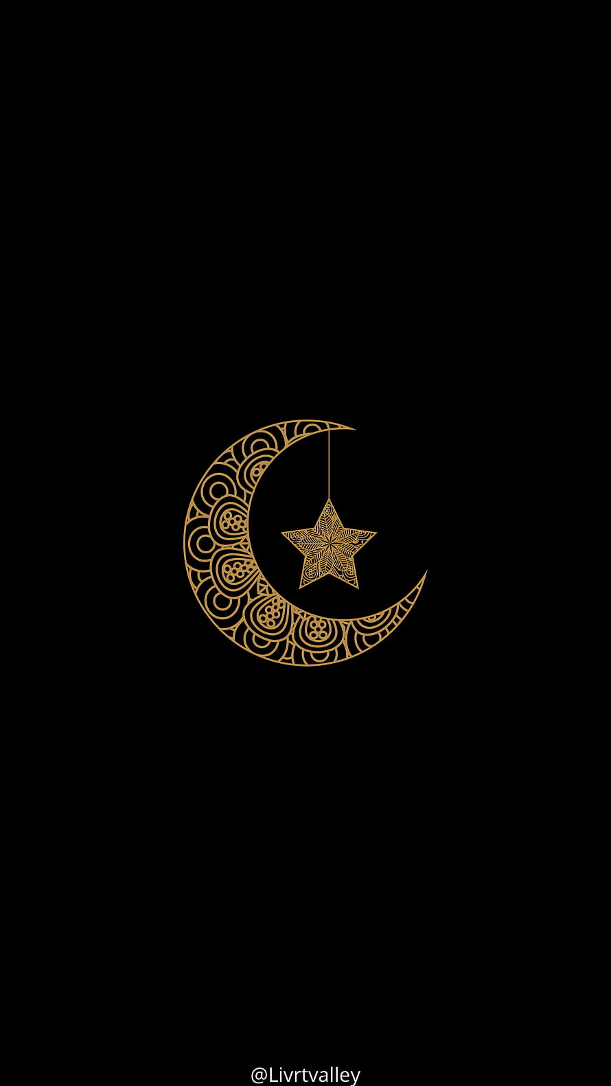 Intricate Gold Crescent Moon and Star Islamic Art on Black Background HD phone wallpaper