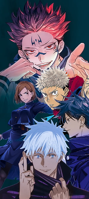 Jujutsu Kaisen Character Group Portrait Featuring Gojo, Sukuna, Itadori, and Nobara HD phone wallpaper
