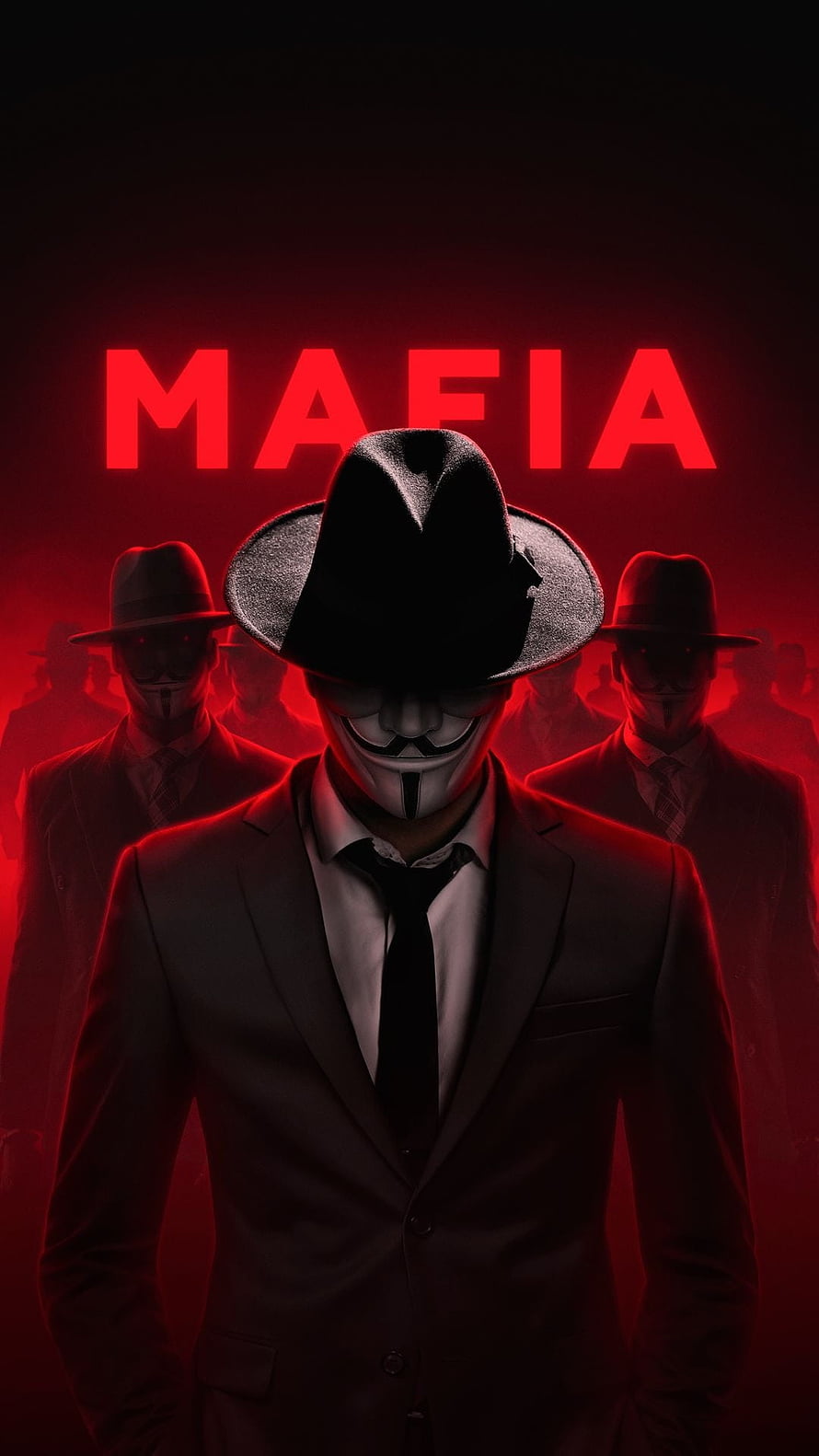 Anonymous Mafia Figure in Fedora and Guy Fawkes Mask Against Red Neon Backdrop HD phone wallpaper