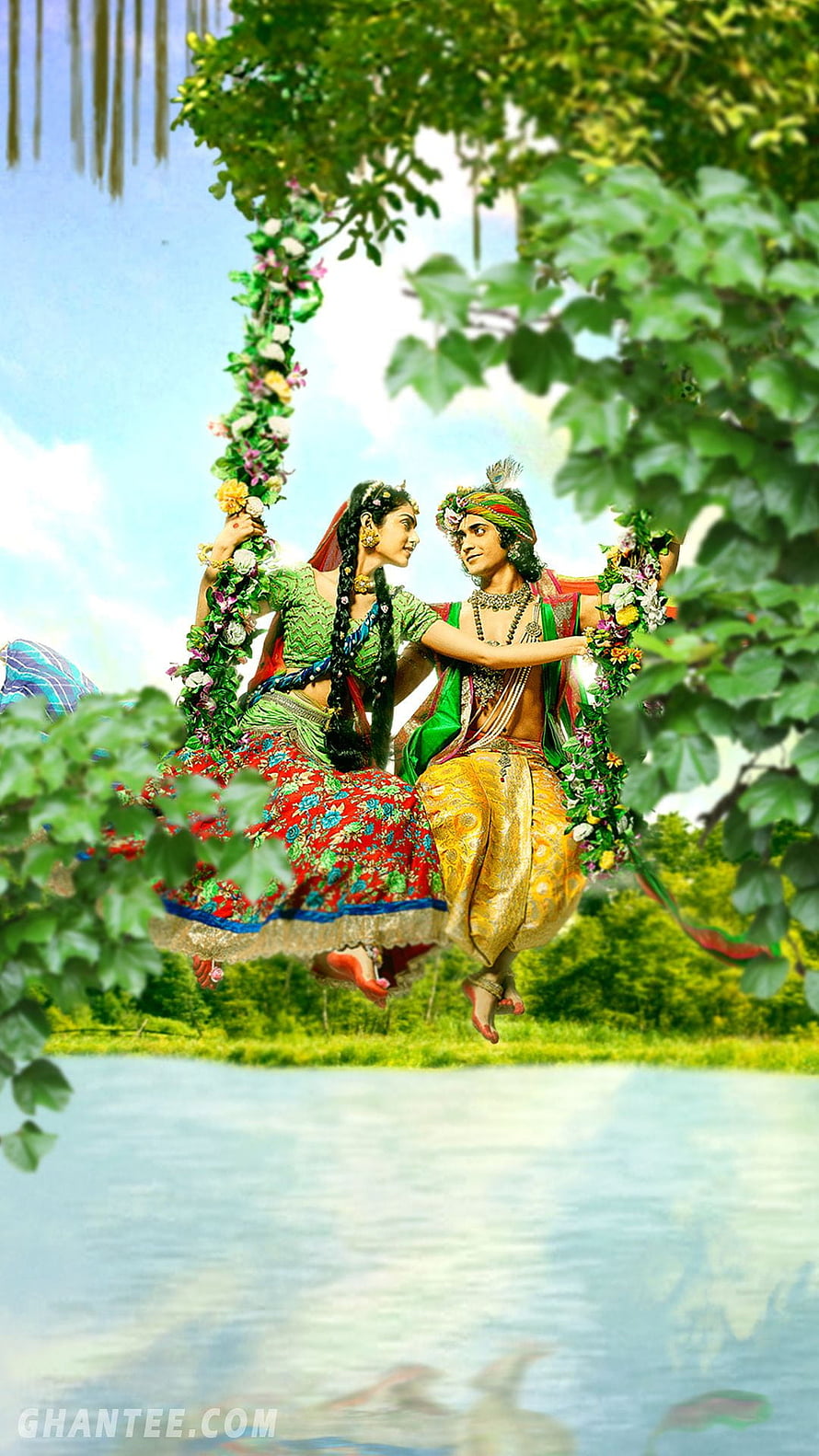 Radha Krishna on a Flower-Adorned Swing in a Lush Garden by the Water HD phone wallpaper