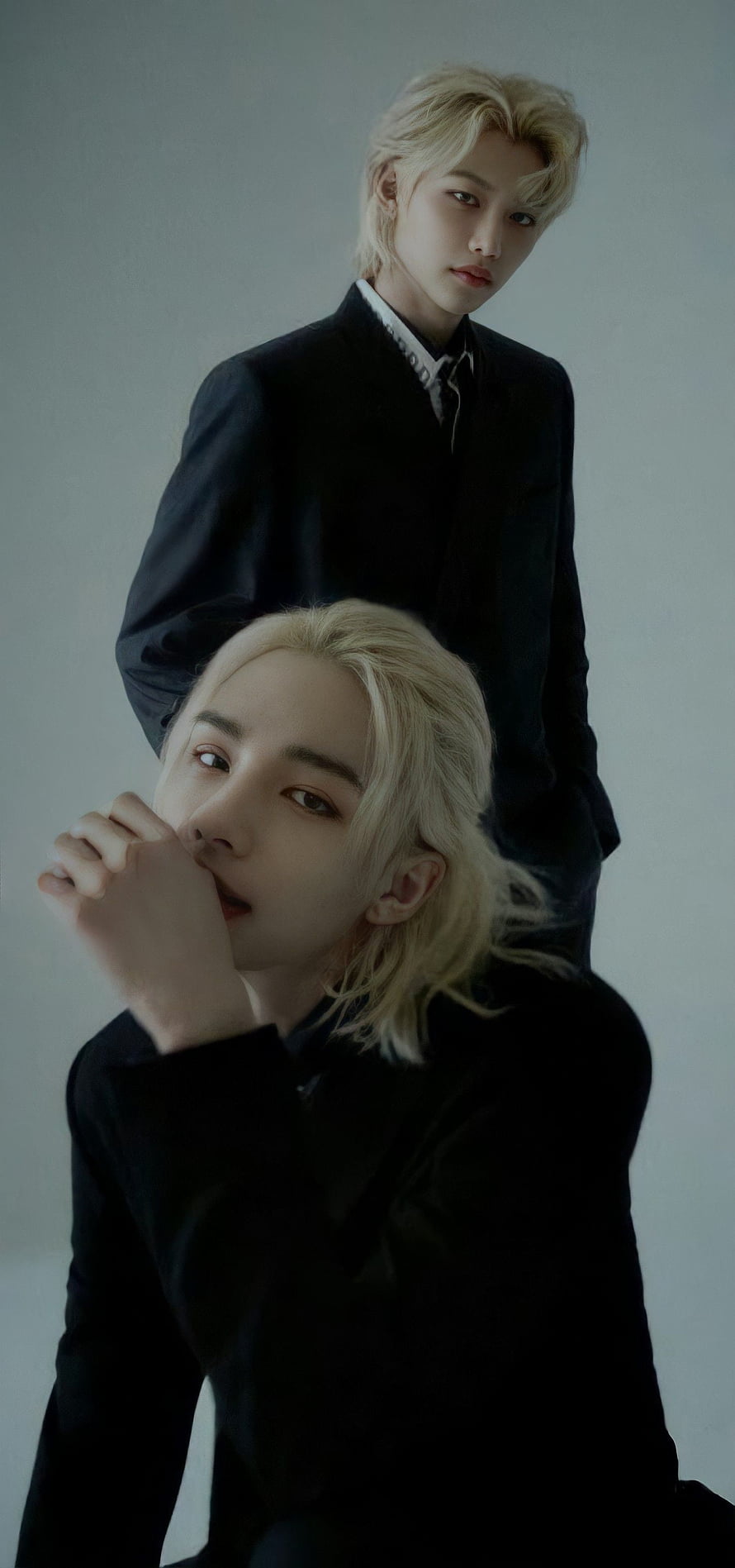 Stray Kids Hyunjin and Felix in Black Suits with Platinum Blonde Hair HD phone wallpaper