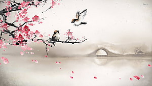 Traditional Japanese Ink Painting of Cherry Blossoms and Sparrows with Misty Bridge HD wallpaper