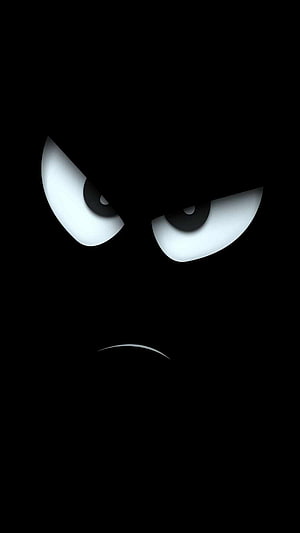 Minimalist Angry Face in Darkness with Glowing White Eyes and Frown HD phone wallpaper