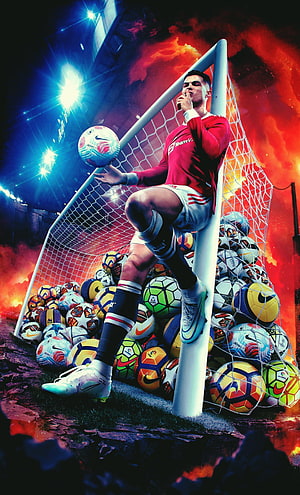 Cristiano Ronaldo in Red Jersey Sitting on Goalpost Surrounded by Soccer Balls HD phone wallpaper
