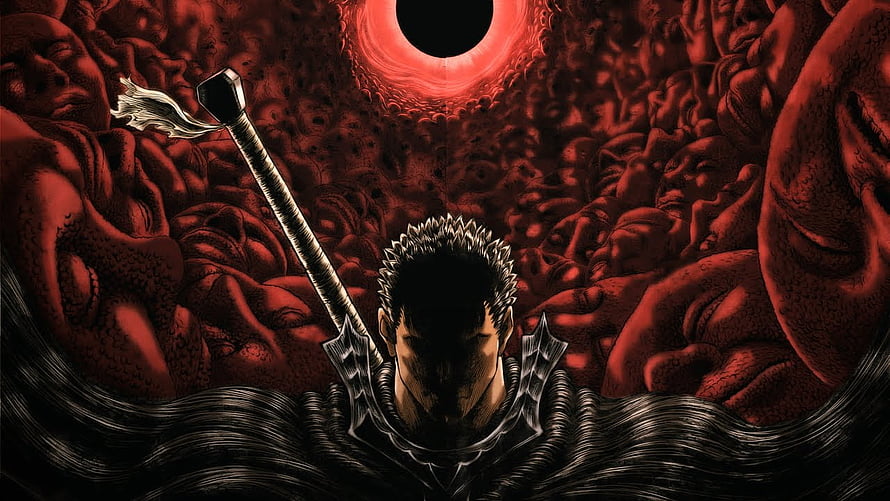 Berserk Guts with Dragon Slayer Sword Amidst Crimson Faces and Eclipse HD wallpaper