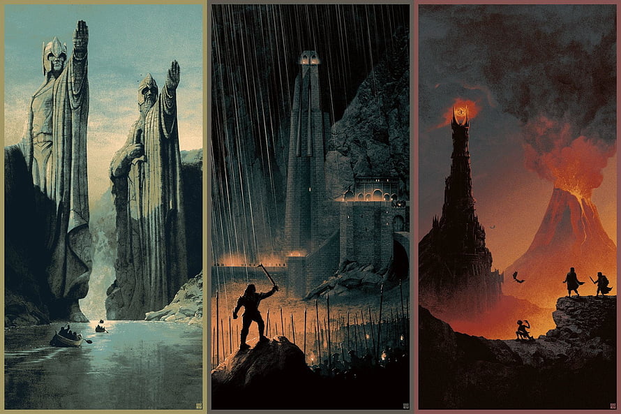 Lord of the Rings Trilogy Concept Art Featuring Statues, Fortress, and Volcano HD wallpaper