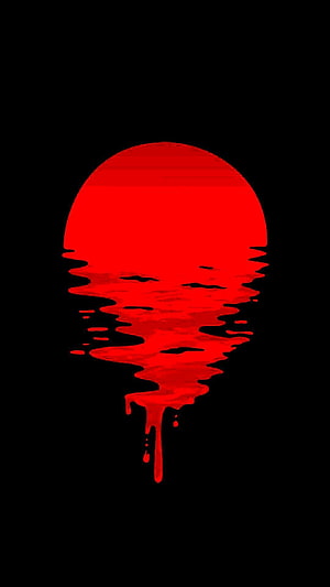Glossy red sphere melting into drips on a solid black background HD phone wallpaper