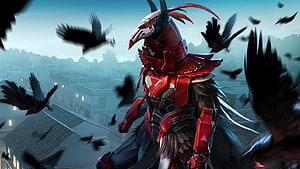 Blood Raven X Suit Character in PUBG Mobile with Red Armor and Black Birds HD wallpaper