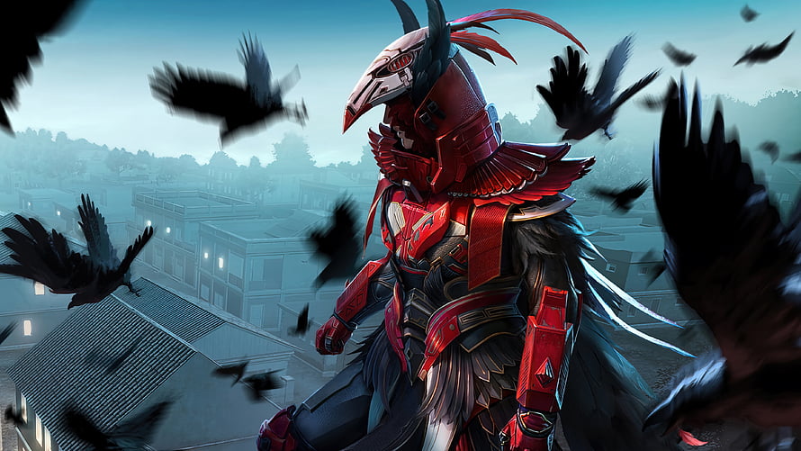 Blood Raven X Suit Character in PUBG Mobile with Red Armor and Black Birds HD wallpaper