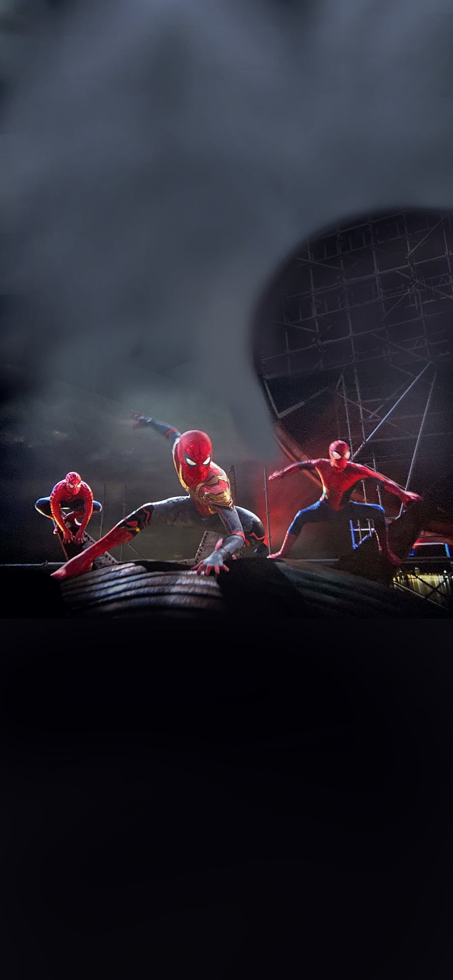 Three Spider-Men in Action Poses on Industrial Scaffolding in Dark Foggy Setting HD phone wallpaper