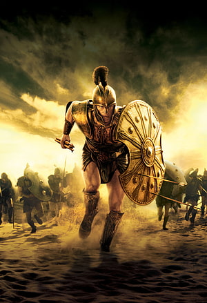 Achilles in Bronze Armor Charging Through Battle on a Dusty Battlefield HD phone wallpaper